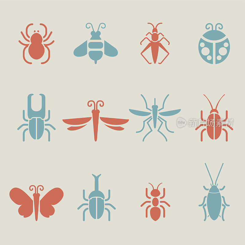 昆虫图标-彩色系列| EPS10